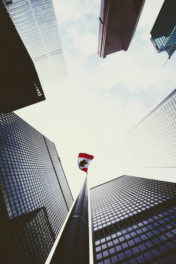 services-07 Dramatic low angle view of skyscrapers surrounding a Canadian flag in downtown Toronto.